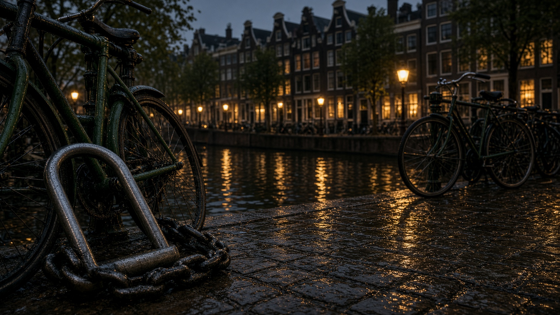 Fietsen aan een Amsterdamse gracht, op slot